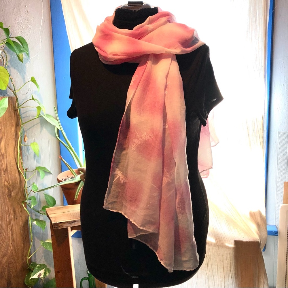 Pink Dragonfly Scarf 68”‎ Charlotte Daniel Soft Lightweight Spring Romantic